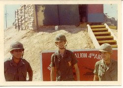 Lt. Col. Hale, 5/4 Battalion Commander, 1st Lt. Schelin, C Battery AXO & Capt. McKenna, C Battery Commander.  Picture made on the occasion of Lt. Schelins promotion, July 29, 1970.